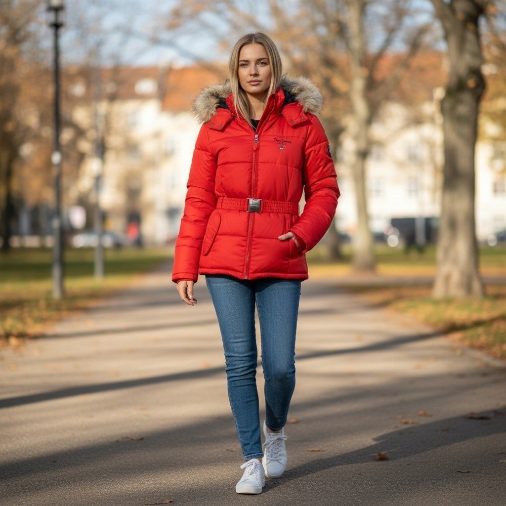Vintage Pepe Jeans Women's Red Puffer Ski Jacket Fur Hood Belted Size M‎ NEW